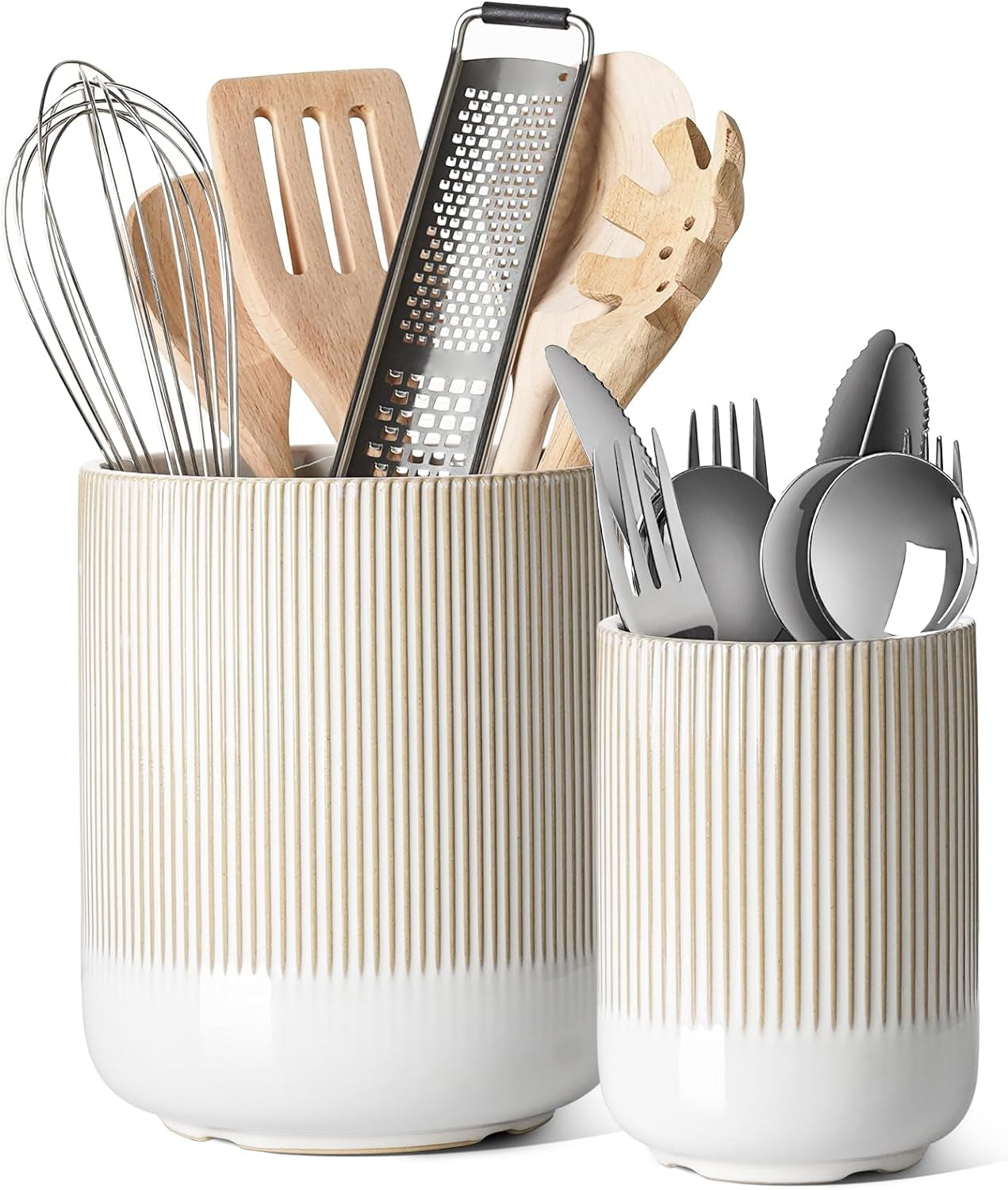 LE TAUCI Utensil Holder, 7.3"+5.4" Ceramic Kitchen Utensil Holder for Countertop