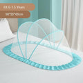 Foldable baby bed with mosquito net and cotton pillows, providing a safe and comfortable sleeping space for infants. Portable design for easy travel.