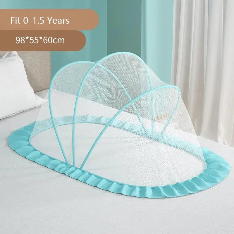 Foldable baby bed with mosquito net and cotton pillows, providing a safe and comfortable sleeping space for infants. Portable design for easy travel.