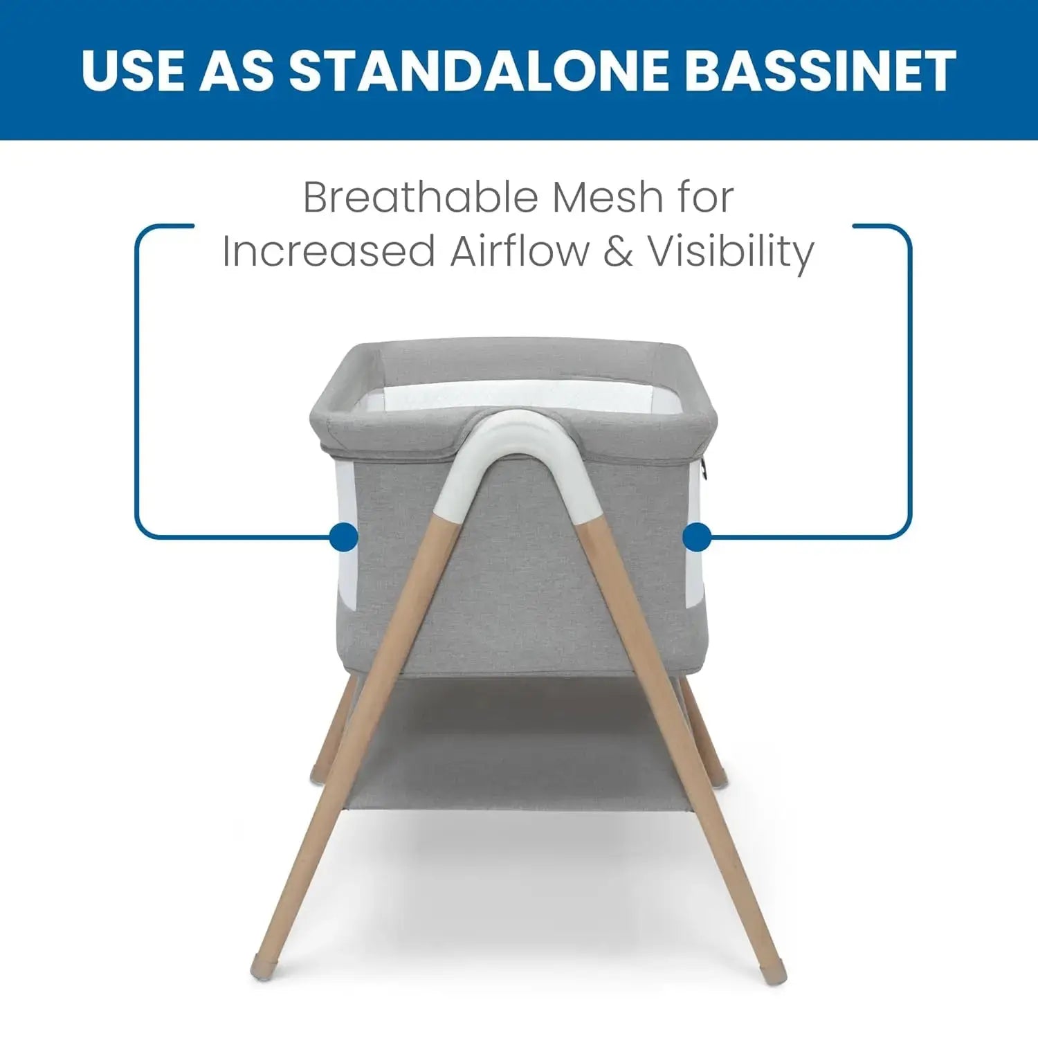 Koi by The Bed Bassinet with breathable mesh sides and natural beechwood legs in dove grey. Features a lower storage shelf, ideal for newborns and parents.