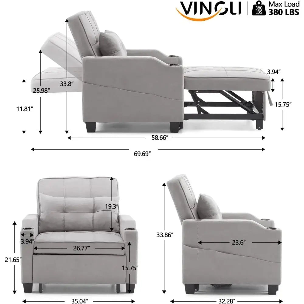 Convertible sleeper chair bed in gray fabric with adjustable recliner, USB ports, and cup holders. Easily transforms into a bed in four steps.