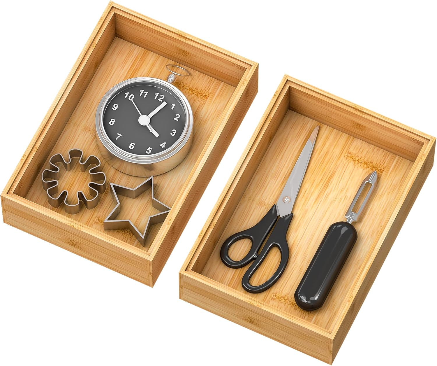Bamboo Drawer Organizer Storage Box Kitchen - Wood Stackable Tray Set of 2 (12x3x2 inch)