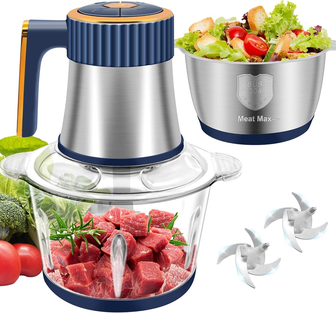 Food Processor Meat Grinder Electric Food Chopper with 2 Bowls Stainless Steel