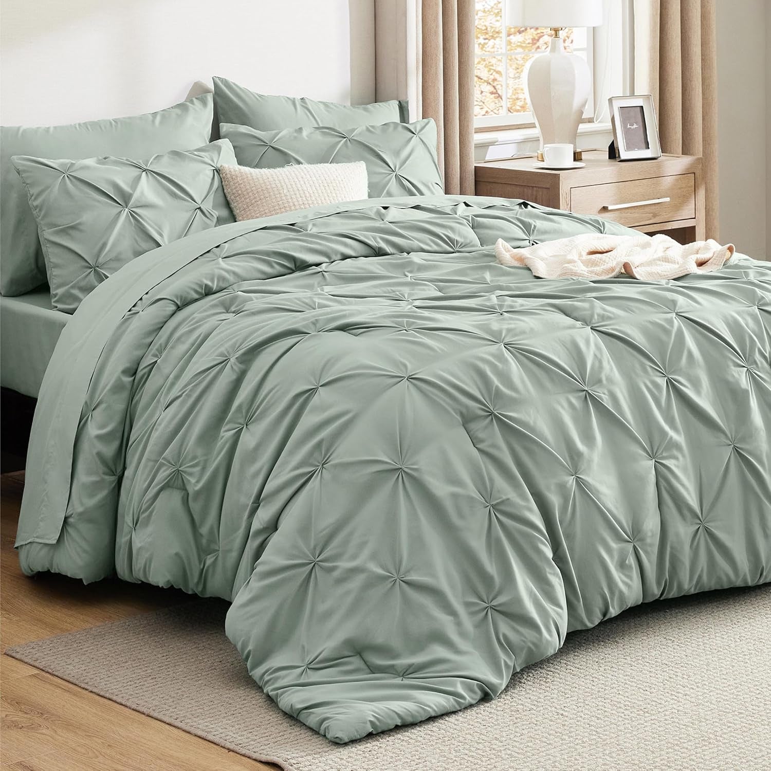 Bedsure Queen Comforter Set Grey - Bed in a Bag Queen Size 7 Pieces, GentleSoft™ Pintuck Bed Set Gift for Family, Pinch Pleat Grey Comforter with Sheets, Pillowcases & Shams