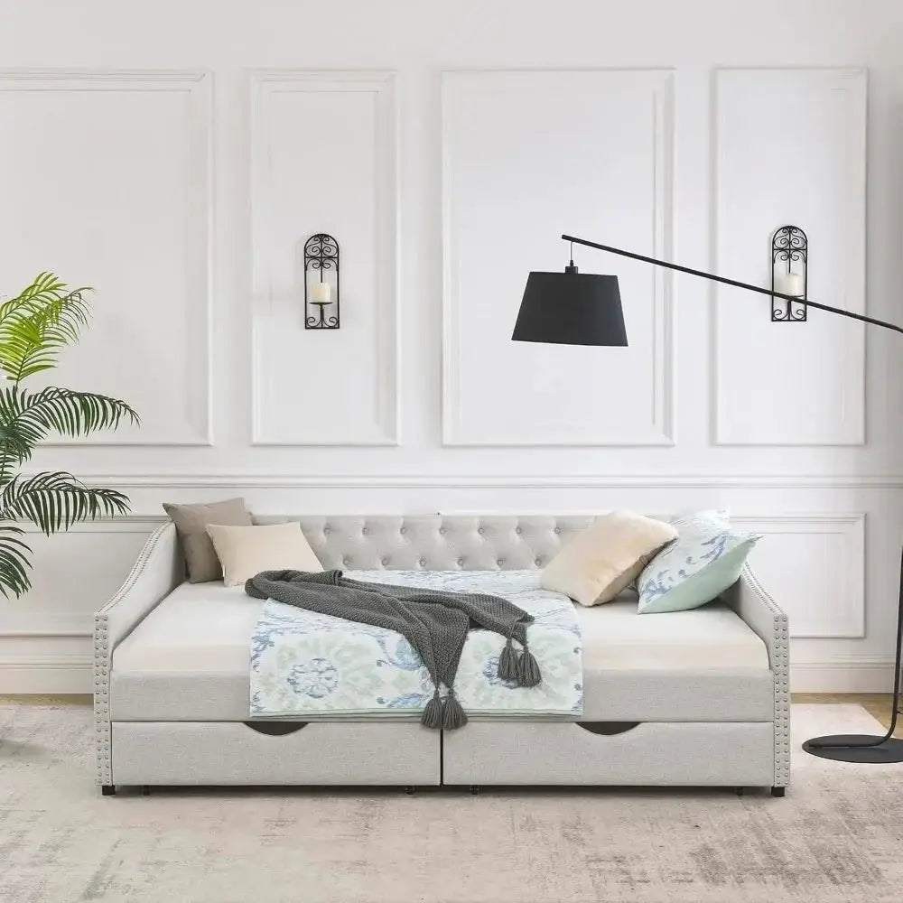 Wood Queen Day Bed Frame with upholstered sofa bed design, featuring two spacious storage drawers and a button-tufted headboard. Sturdy and stylish, no box spring needed.