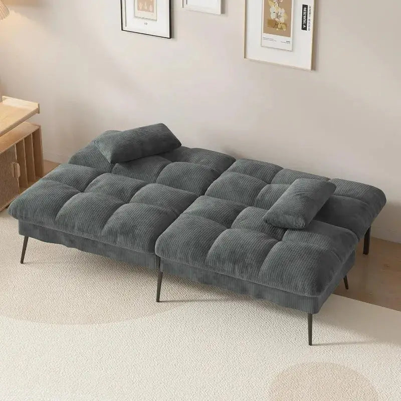 Convertible futon sofa bed with 68-inch corduroy upholstery in dark gray. Features an adjustable backrest and foldable design, perfect for small spaces.