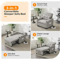 Convertible sleeper chair bed in gray fabric with adjustable recliner, USB ports, and cup holders. Easily transforms into a bed in four steps.