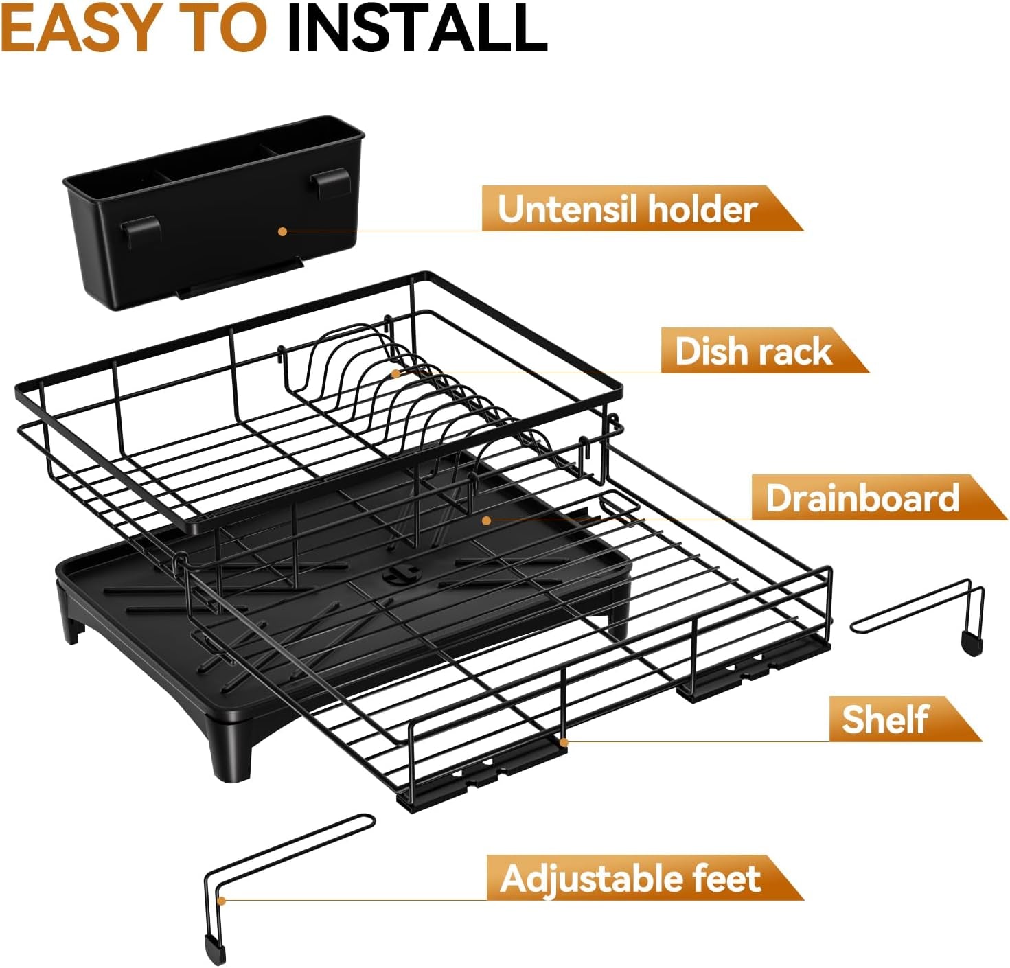 Dish Drying Rack - Expandable Rack, Large Capacity Dish Drainer for Kitchen Counter, Rust-Proof with Utensil Holder