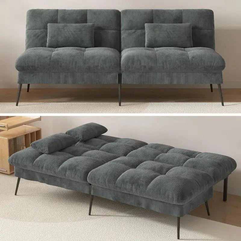 Convertible futon sofa bed with 68-inch corduroy upholstery in dark gray. Features an adjustable backrest and foldable design, perfect for small spaces.