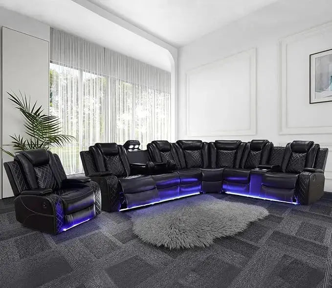 Leather reclining sectional sofa with power recliners, LED lighting, and built-in storage. Features wireless charging, reading lamps, and cup holders for ultimate comfort.