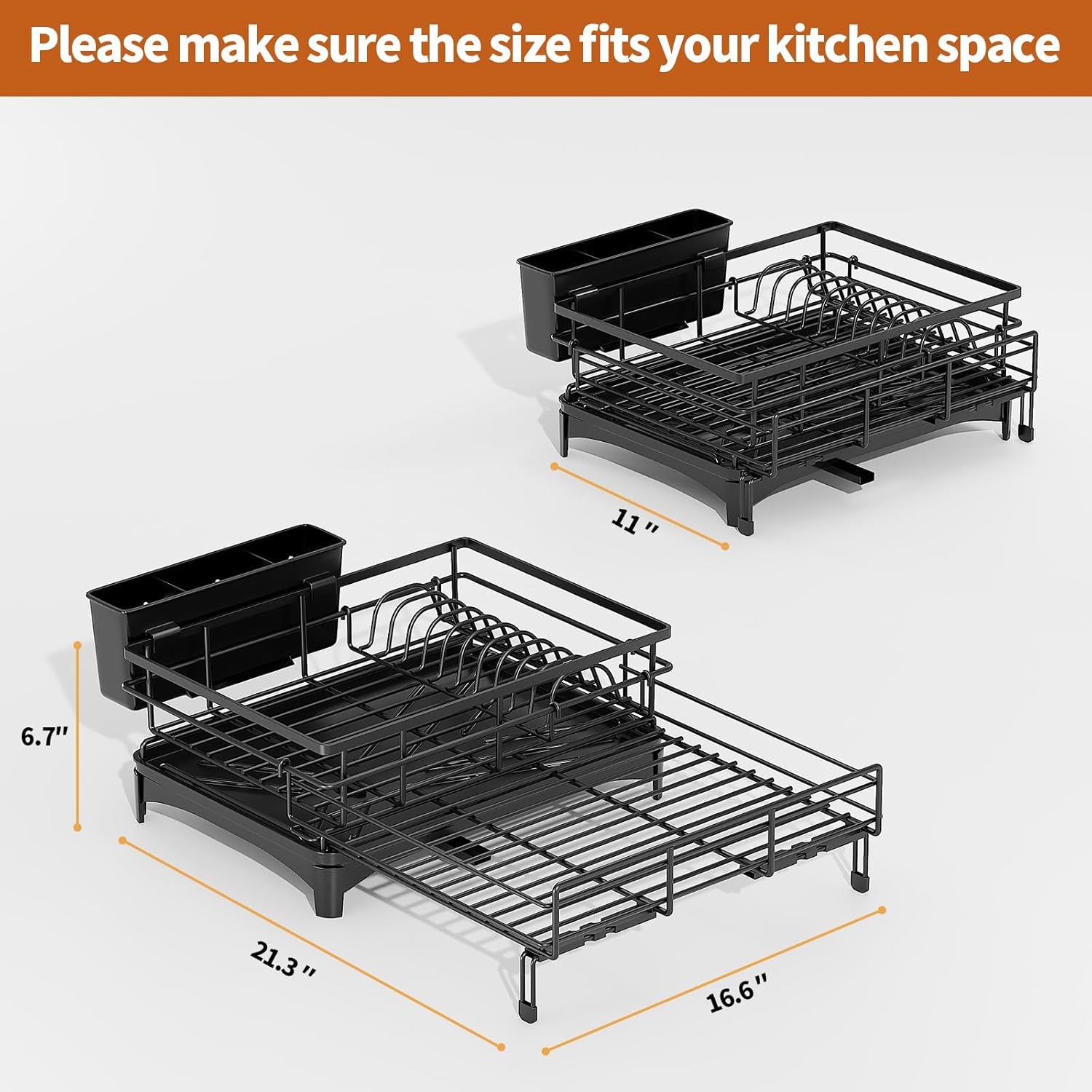 Dish Drying Rack - Expandable Rack, Large Capacity Dish Drainer for Kitchen Counter, Rust-Proof with Utensil Holder