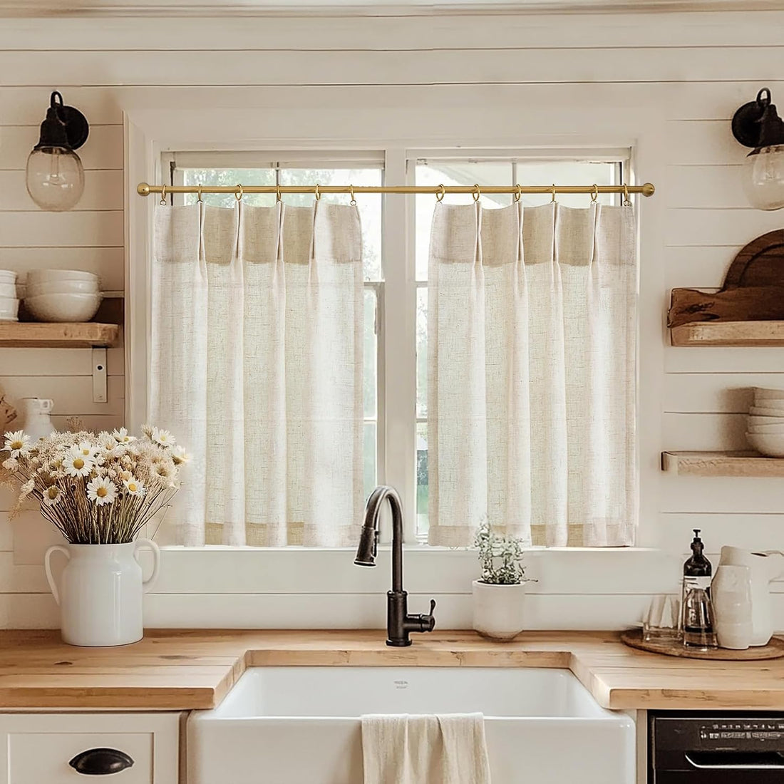jinchan Linen Pinch Pleated Kitchen Curtains 24 Inch 2 Panels, Natural Linen Tier Curtains Back Tab Beige Farmhouse Cafe, Light Filtering Small Window Drapes for Bathroom Laundry Room Beige