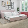 Twin upholstery daybed in mid-century style with diamond-tufted backrest and sturdy wooden legs. Features a pull-out trundle for extra sleeping space.
