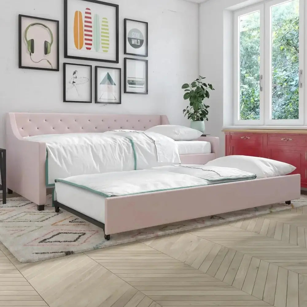 Twin upholstery daybed in mid-century style with diamond-tufted backrest and sturdy wooden legs. Features a pull-out trundle for extra sleeping space.