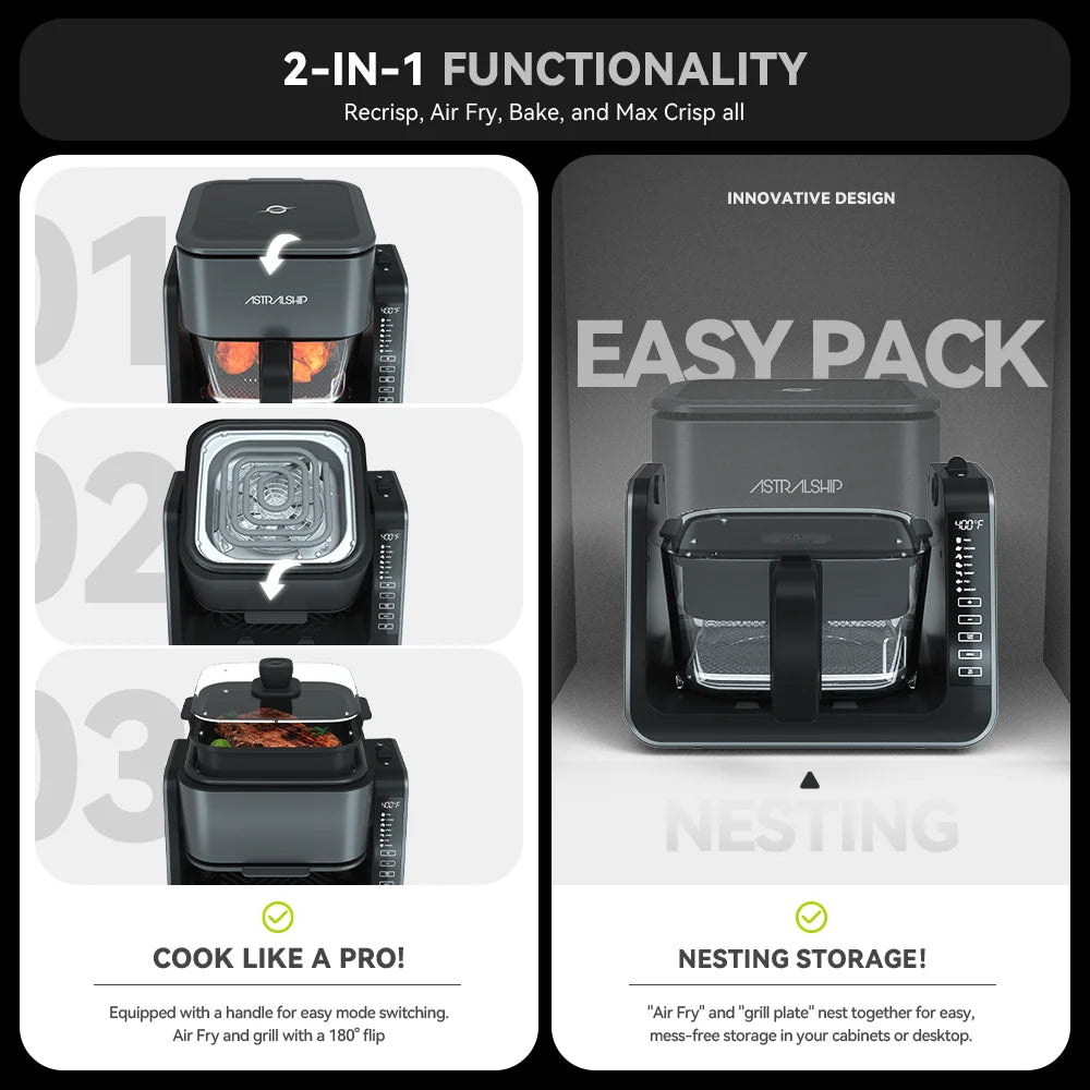 Small Air Fryer for Countertop, 2‑In‑1 Glass Air Fryer & Grill Pan Combo