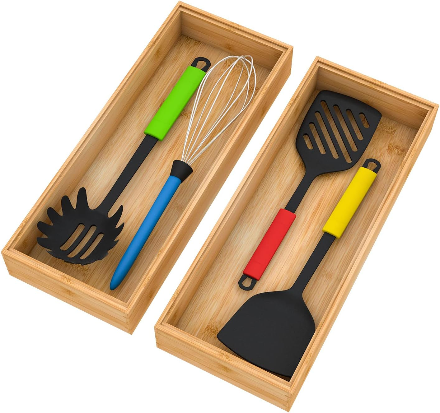 Bamboo Drawer Organizer Storage Box Kitchen - Wood Stackable Tray Set of 2 (12x3x2 inch)