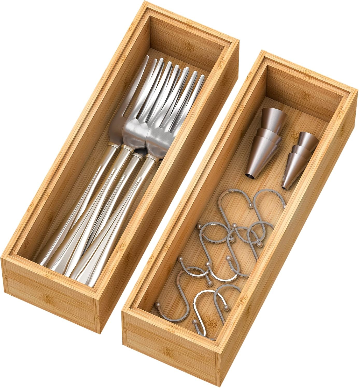 Bamboo Drawer Organizer Storage Box Kitchen - Wood Stackable Tray Set of 2 (12x3x2 inch)