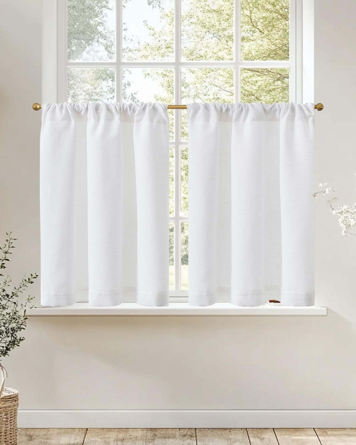 jinchan Linen Pinch Pleated Kitchen Curtains 24 Inch 2 Panels, Natural Linen Tier Curtains Back Tab Beige Farmhouse Cafe, Light Filtering Small Window Drapes for Bathroom Laundry Room Beige