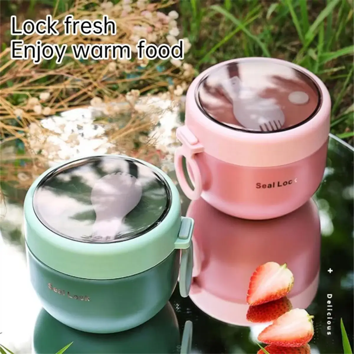 ATTU Stainless Steel Vacuum Soup Cup in green with a portable design, secure seal lock, and included spoon. Ideal for hot or cold meals on the go.