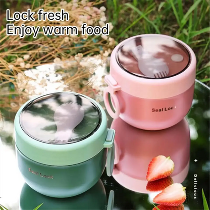 ATTU Stainless Steel Vacuum Soup Cup in green with a portable design, secure seal lock, and included spoon. Ideal for hot or cold meals on the go.