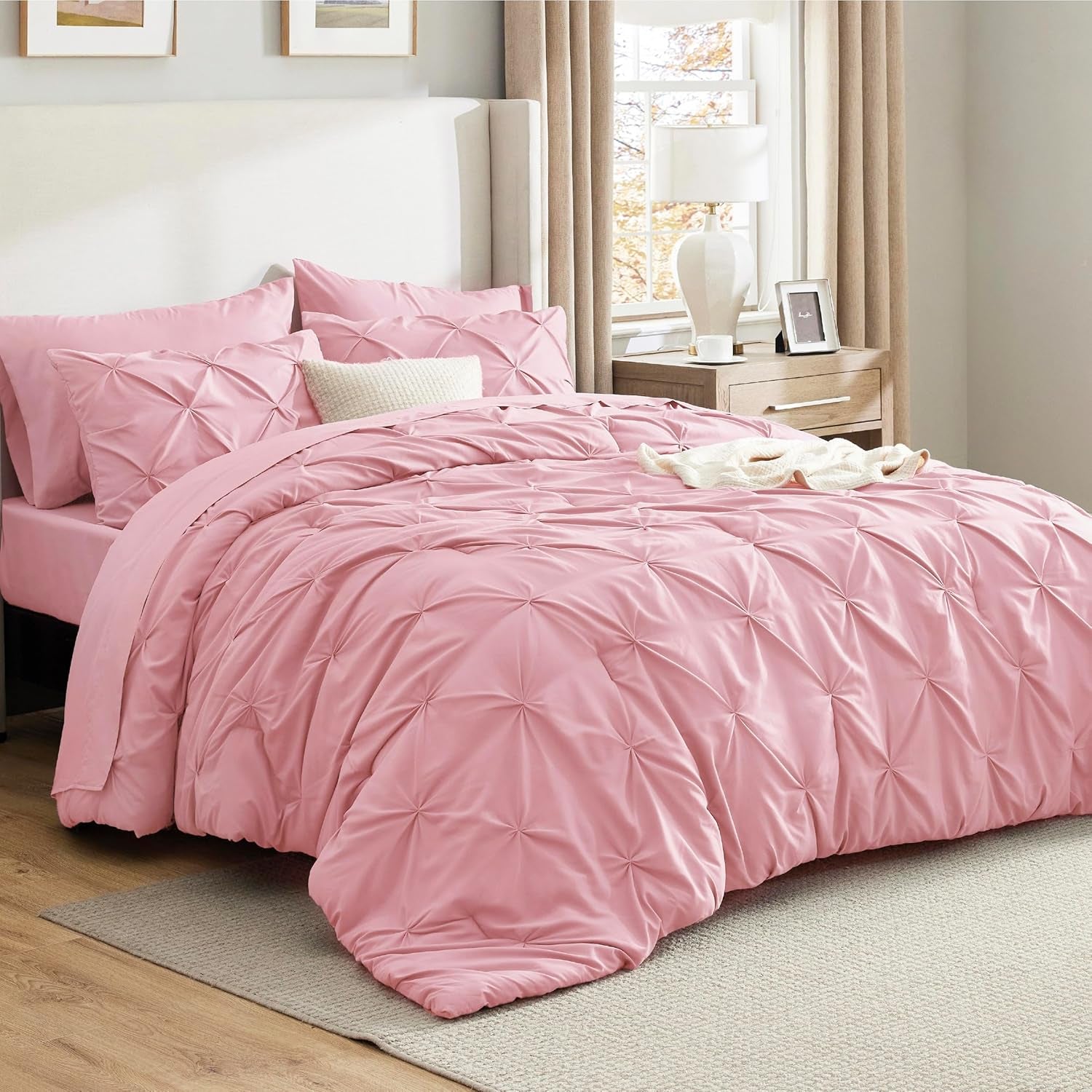 Bedsure Queen Comforter Set Grey - Bed in a Bag Queen Size 7 Pieces, GentleSoft™ Pintuck Bed Set Gift for Family, Pinch Pleat Grey Comforter with Sheets, Pillowcases & Shams