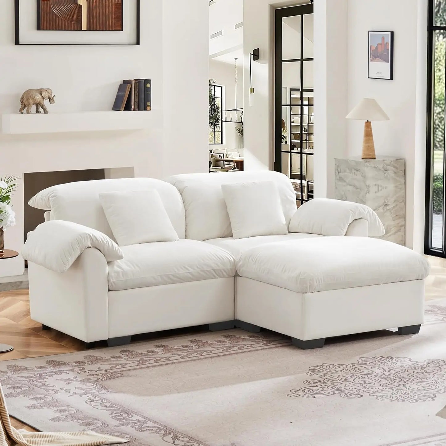 Loveseat Sofa for Living Room, Deep Seat Sectional Sofa Cloud Couch with Storage Ottoman, Modern Comfy Upholstered Velvet