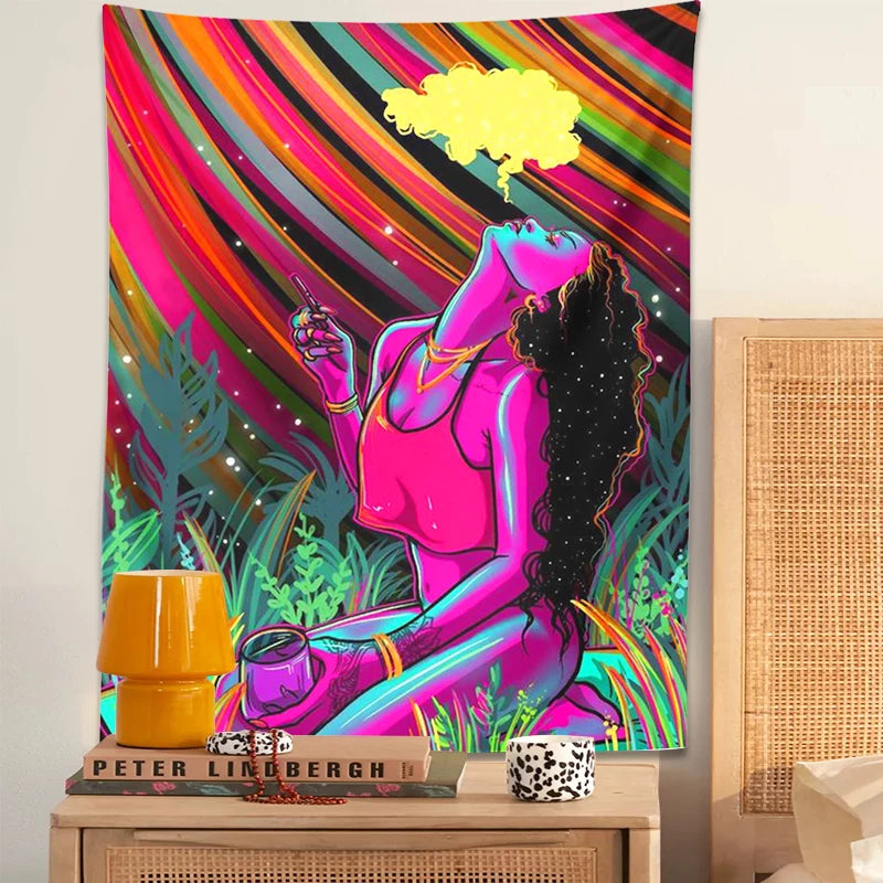 Trippy Tapestry Hippie Cool Girl Tapestry Wall Hanging Purple Art Anime Aesthetic Tapestry Bedroom Dorm Living Room Home Decor