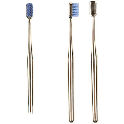 Single luxury gold toothbrush with blue bristles shown from three angles. Electroplate gold finish for a premium dental care experience.