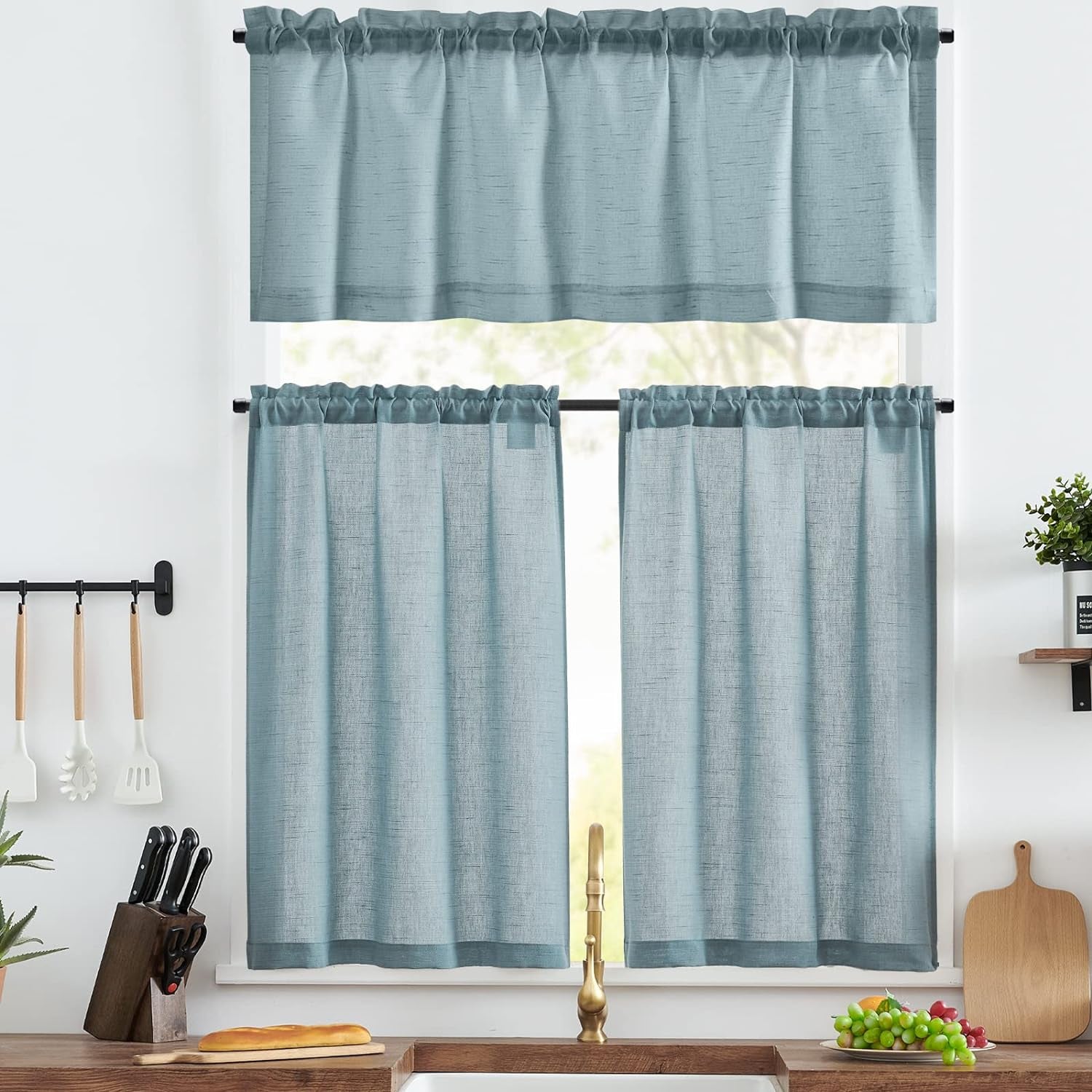 jinchan Linen Pinch Pleated Kitchen Curtains 24 Inch 2 Panels, Natural Linen Tier Curtains Back Tab Beige Farmhouse Cafe, Light Filtering Small Window Drapes for Bathroom Laundry Room Beige