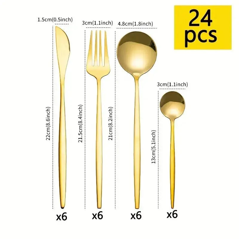 24-piece stainless steel golden cutlery set with a mirror finish, including forks, knives, and spoons. Elegant gold flatware for modern dining.