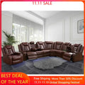 Leather reclining sectional sofa with power recliners, LED lighting, and built-in storage. Features wireless charging, reading lamps, and cup holders for ultimate comfort.