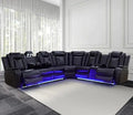 Leather reclining sectional sofa with power recliners, LED lighting, and built-in storage. Features wireless charging, reading lamps, and cup holders for ultimate comfort.