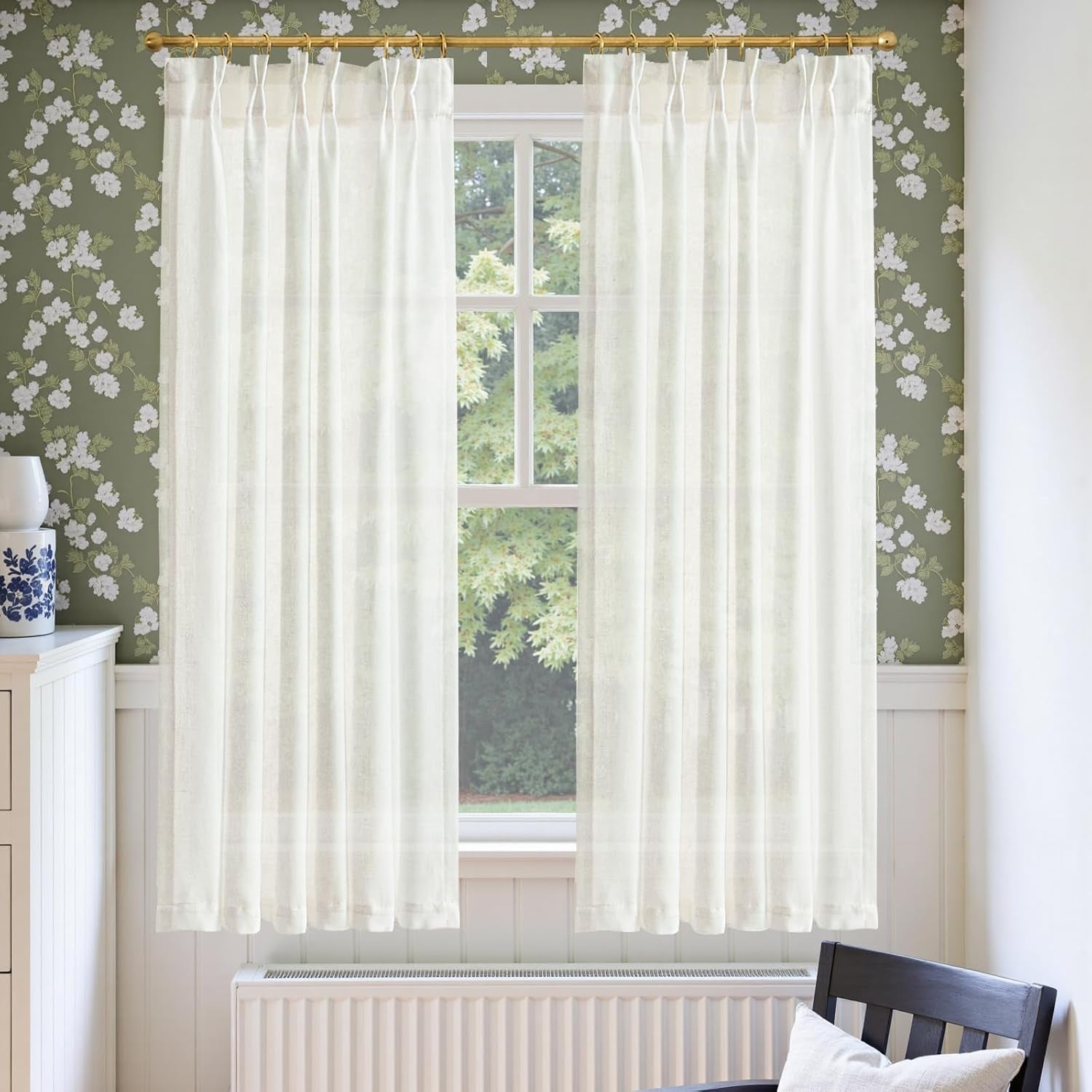 jinchan Linen Pinch Pleated Kitchen Curtains 24 Inch 2 Panels, Natural Linen Tier Curtains Back Tab Beige Farmhouse Cafe, Light Filtering Small Window Drapes for Bathroom Laundry Room Beige