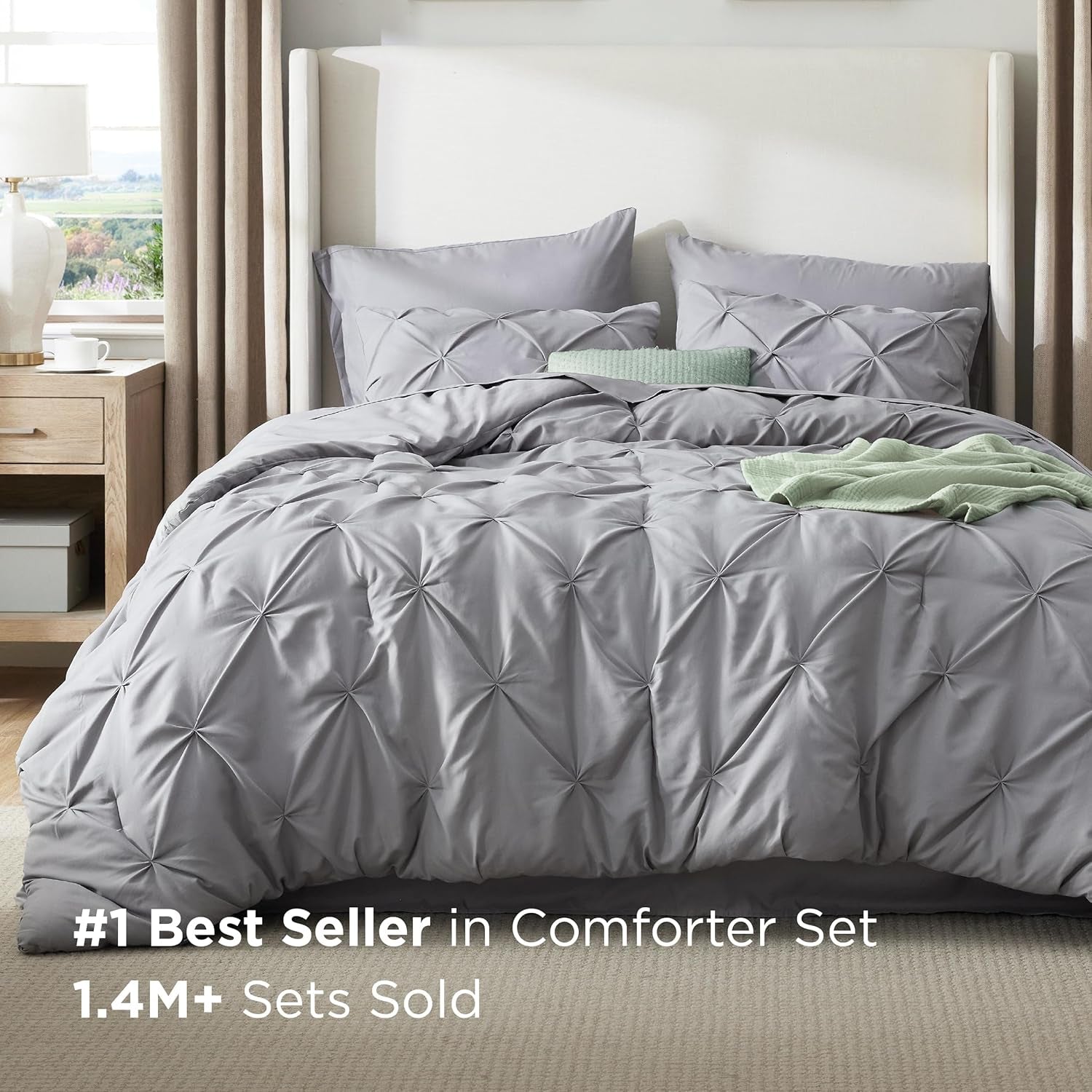 Bedsure Queen Comforter Set Grey - Bed in a Bag Queen Size 7 Pieces, GentleSoft™ Pintuck Bed Set Gift for Family, Pinch Pleat Grey Comforter with Sheets, Pillowcases & Shams