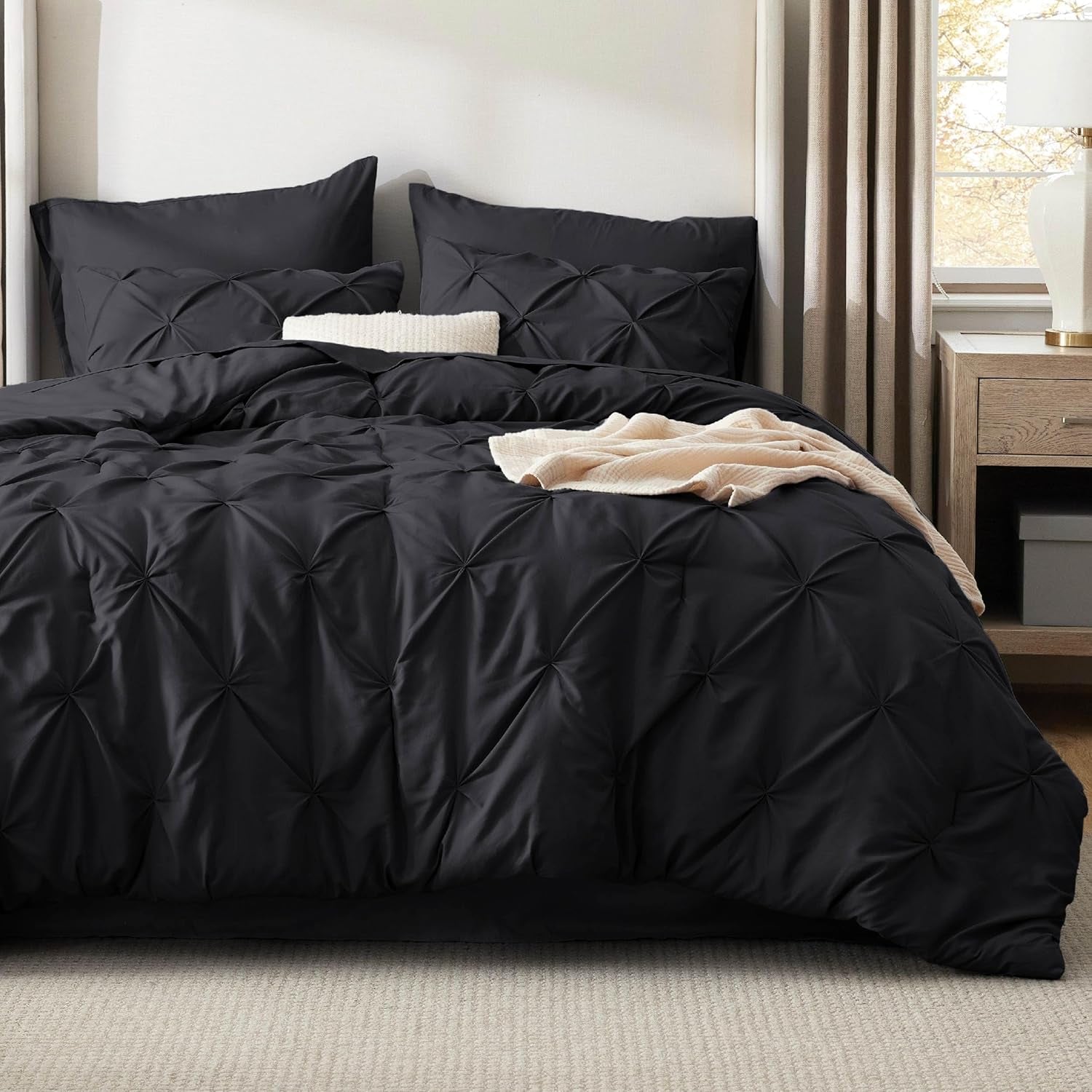 Bedsure Queen Comforter Set Grey - Bed in a Bag Queen Size 7 Pieces, GentleSoft™ Pintuck Bed Set Gift for Family, Pinch Pleat Grey Comforter with Sheets, Pillowcases & Shams