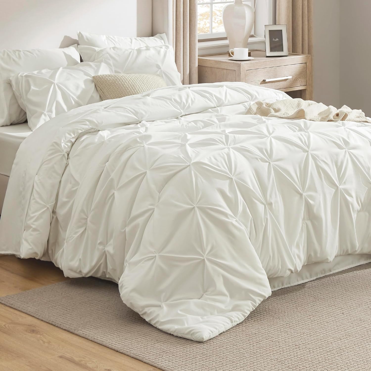 Bedsure Queen Comforter Set Grey - Bed in a Bag Queen Size 7 Pieces, GentleSoft™ Pintuck Bed Set Gift for Family, Pinch Pleat Grey Comforter with Sheets, Pillowcases & Shams