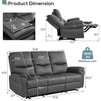 Power Reclining Sofa, Power Reclining Sofa with Drop Down Table, Cup Holder and USB Port, Modern Recliner Sofa 3 Seater,Wall Hug