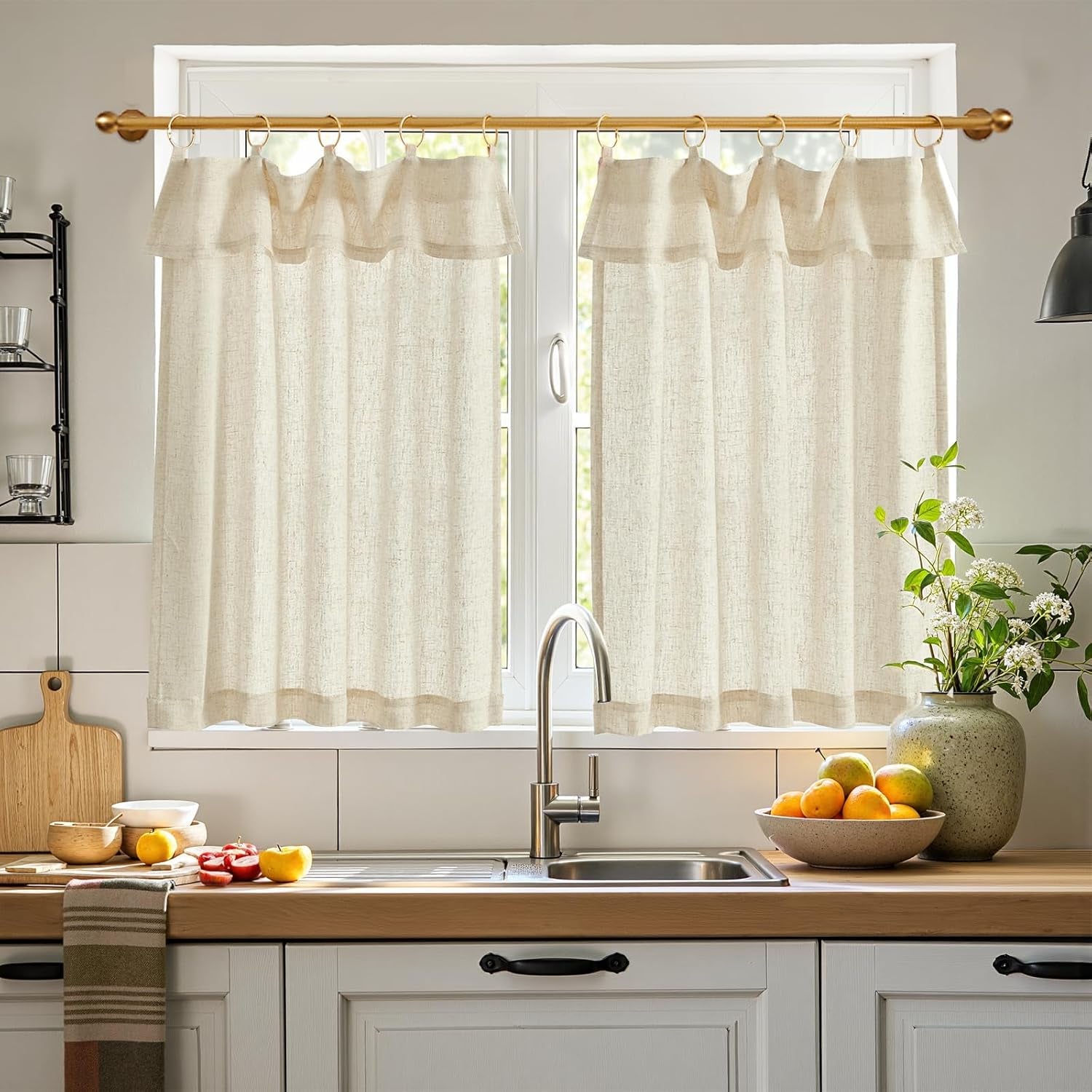 jinchan Linen Pinch Pleated Kitchen Curtains 24 Inch 2 Panels, Natural Linen Tier Curtains Back Tab Beige Farmhouse Cafe, Light Filtering Small Window Drapes for Bathroom Laundry Room Beige