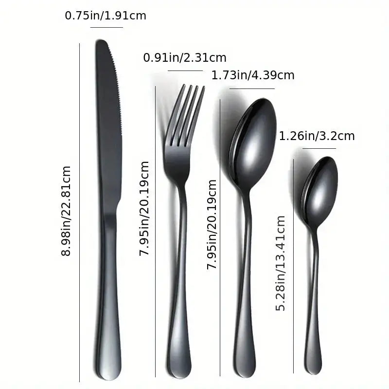 24-piece stainless steel cutlery set in various colors, including gold, black, white, and iridescent. Includes knives, forks, spoons, and teaspoons with a stylish stand.