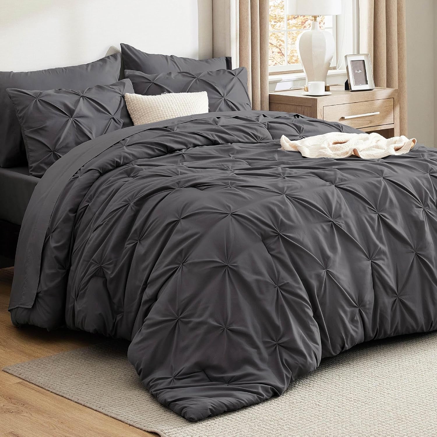 Bedsure Queen Comforter Set Grey - Bed in a Bag Queen Size 7 Pieces, GentleSoft™ Pintuck Bed Set Gift for Family, Pinch Pleat Grey Comforter with Sheets, Pillowcases & Shams