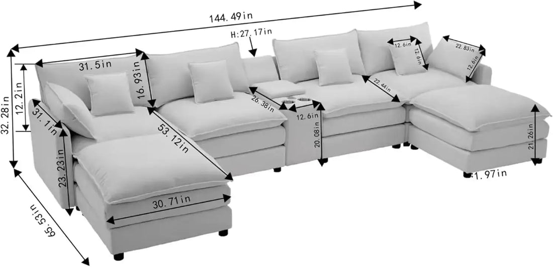 144'' U Shaped Modular Sectional Sofa in green upholstery with storage console, cupholders, and USB port. Features plush cushions for maximum comfort.