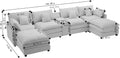 144'' U Shaped Modular Sectional Sofa in green upholstery with storage console, cupholders, and USB port. Features plush cushions for maximum comfort.