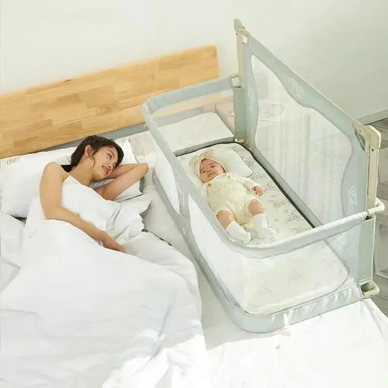 2023 Baby Products bassinet in-bed crib with guard rail, featuring a 120cm x 120cm frame and 70cm height for newborn safety.