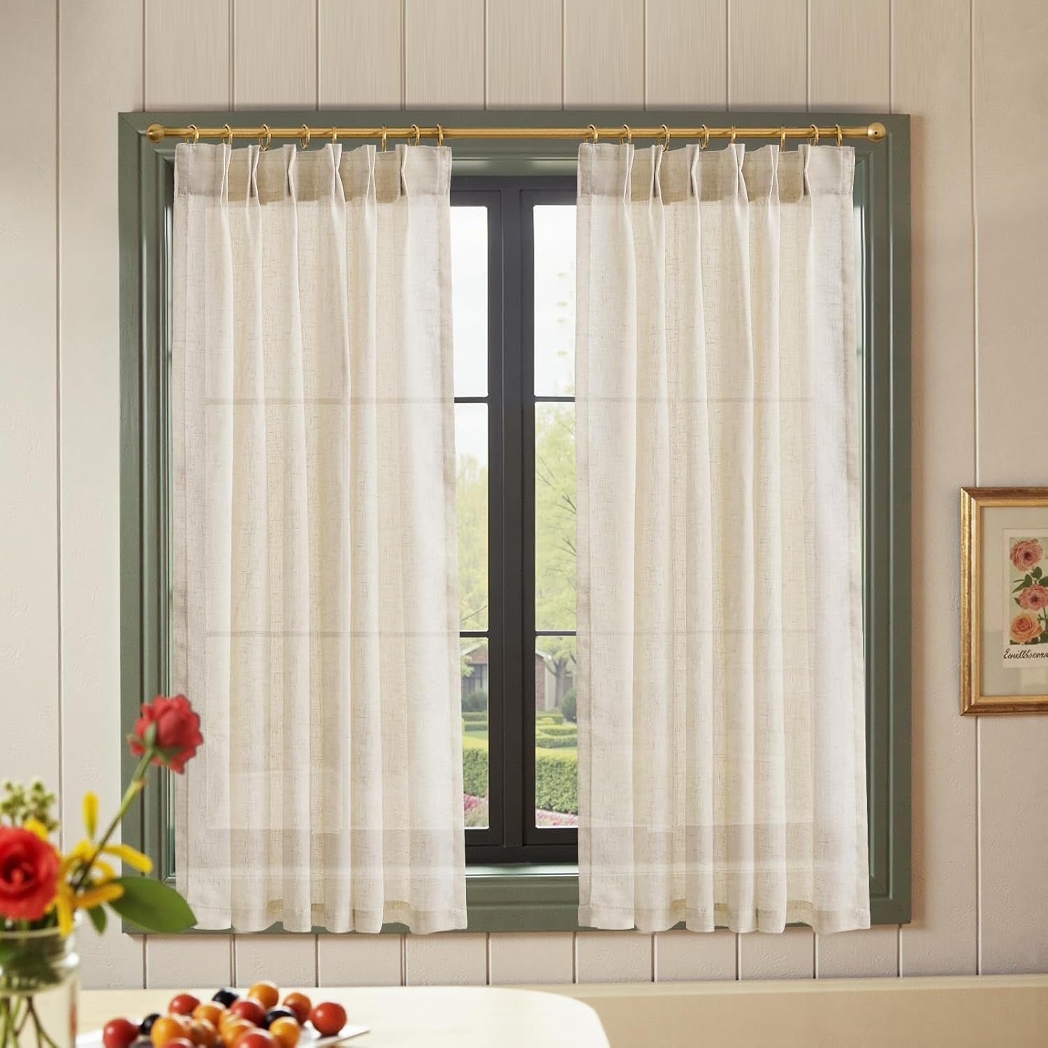 jinchan Linen Pinch Pleated Kitchen Curtains 24 Inch 2 Panels, Natural Linen Tier Curtains Back Tab Beige Farmhouse Cafe, Light Filtering Small Window Drapes for Bathroom Laundry Room Beige