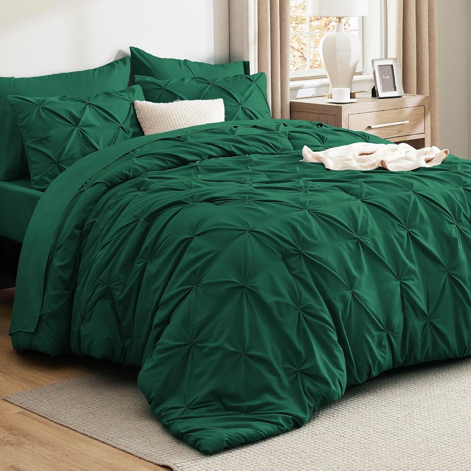 Bedsure Queen Comforter Set Grey - Bed in a Bag Queen Size 7 Pieces, GentleSoft™ Pintuck Bed Set Gift for Family, Pinch Pleat Grey Comforter with Sheets, Pillowcases & Shams