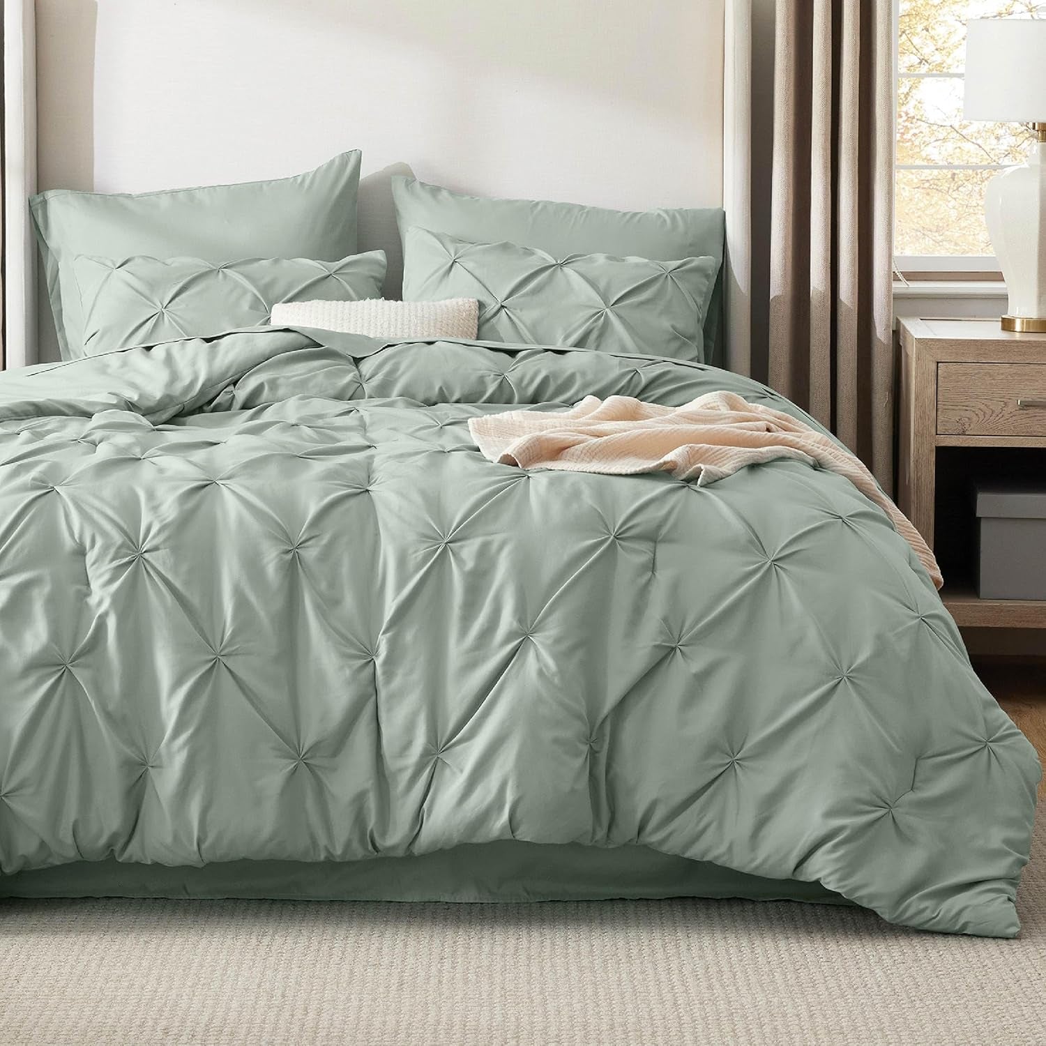 Bedsure Queen Comforter Set Grey - Bed in a Bag Queen Size 7 Pieces, GentleSoft™ Pintuck Bed Set Gift for Family, Pinch Pleat Grey Comforter with Sheets, Pillowcases & Shams