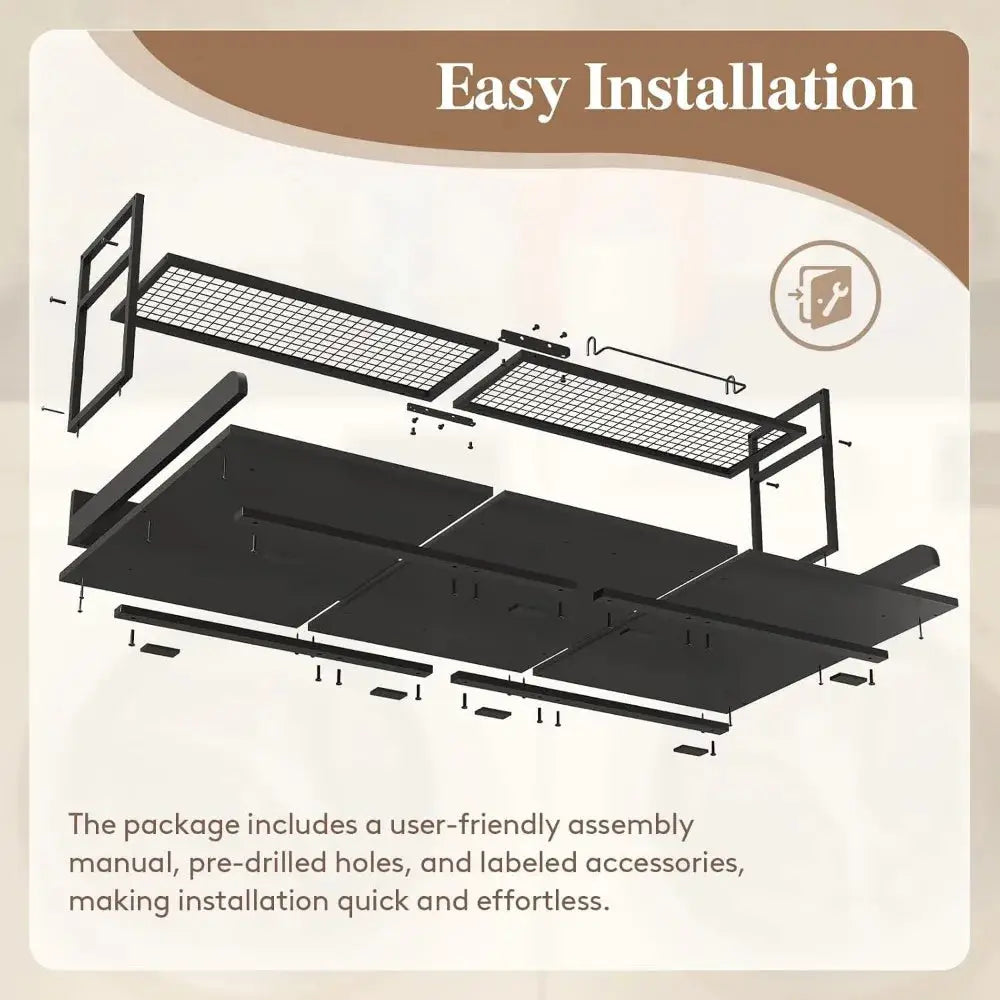 Easy installation guide for laundry room countertop with shelf. Features pre-drilled holes, labeled accessories, and user-friendly assembly manual.