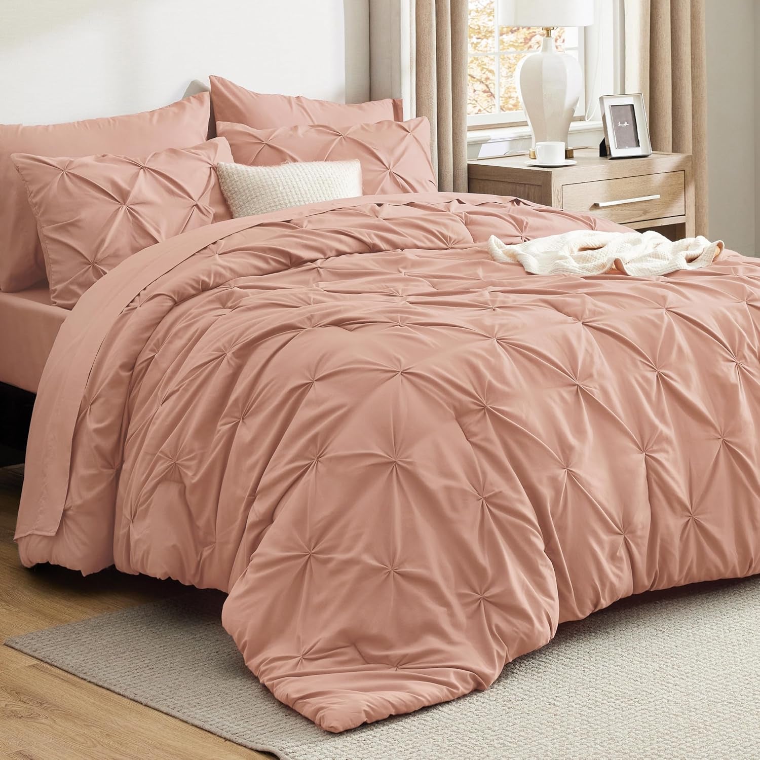 Bedsure Queen Comforter Set Grey - Bed in a Bag Queen Size 7 Pieces, GentleSoft™ Pintuck Bed Set Gift for Family, Pinch Pleat Grey Comforter with Sheets, Pillowcases & Shams
