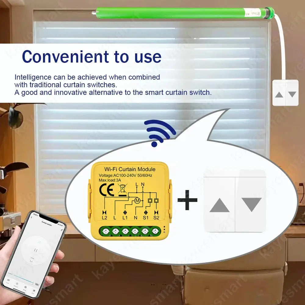 Tuya Smart Life WiFi Curtain Module enables app remote control for roller shutters and blinds via smartphone, compatible with Google Home and Alexa.