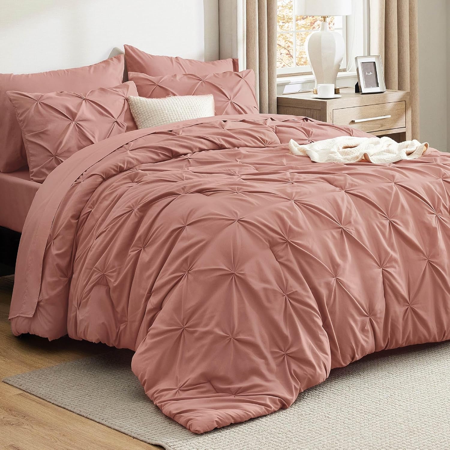 Bedsure Queen Comforter Set Grey - Bed in a Bag Queen Size 7 Pieces, GentleSoft™ Pintuck Bed Set Gift for Family, Pinch Pleat Grey Comforter with Sheets, Pillowcases & Shams